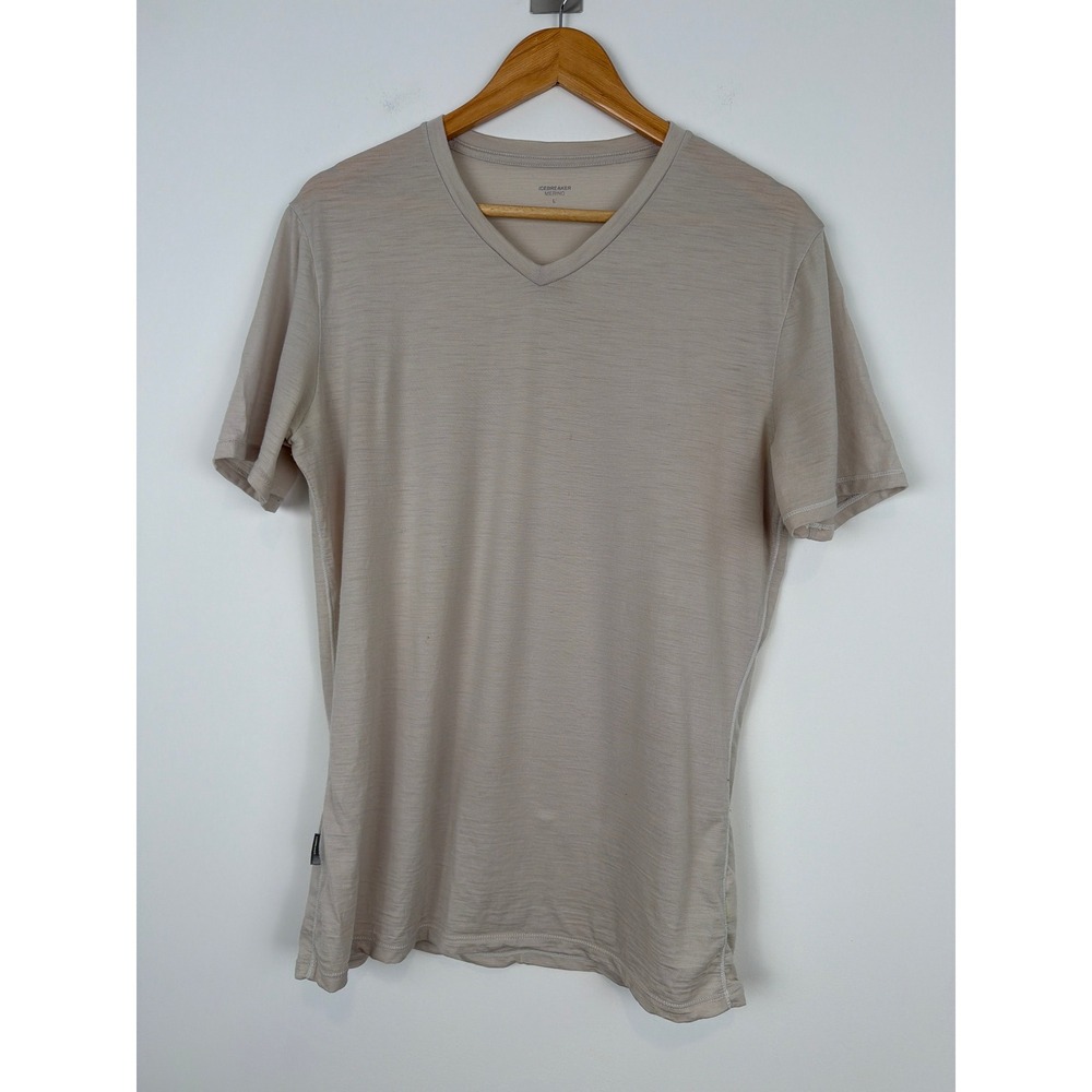 Icebreaker V-Neck T-Shirt Mens Large Tan Merino Wool Blend Hiking Minimalist